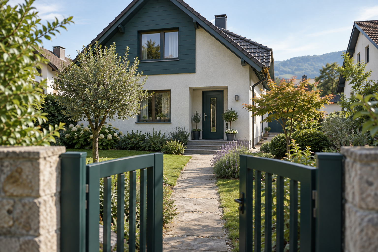 Gewöhnliches österreichisches Familienhaus hinter offenem Gartentor