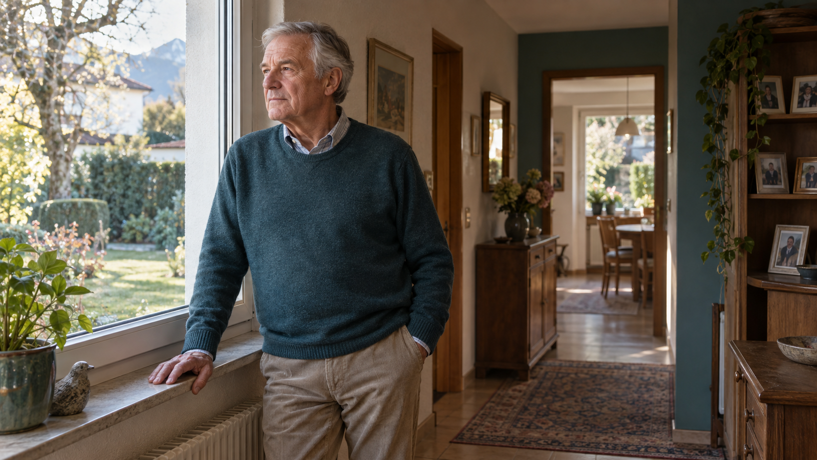 Eigentümer steht im Familienhaus am Fenster und blickt in den Garten